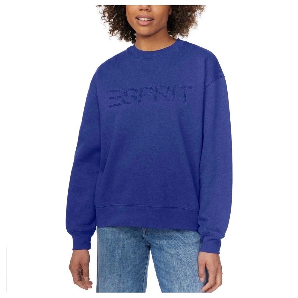 NEW ESPRIT Women's M Retro Logo Fleece Crew Sweatshirt Blue Viral Costco 80s